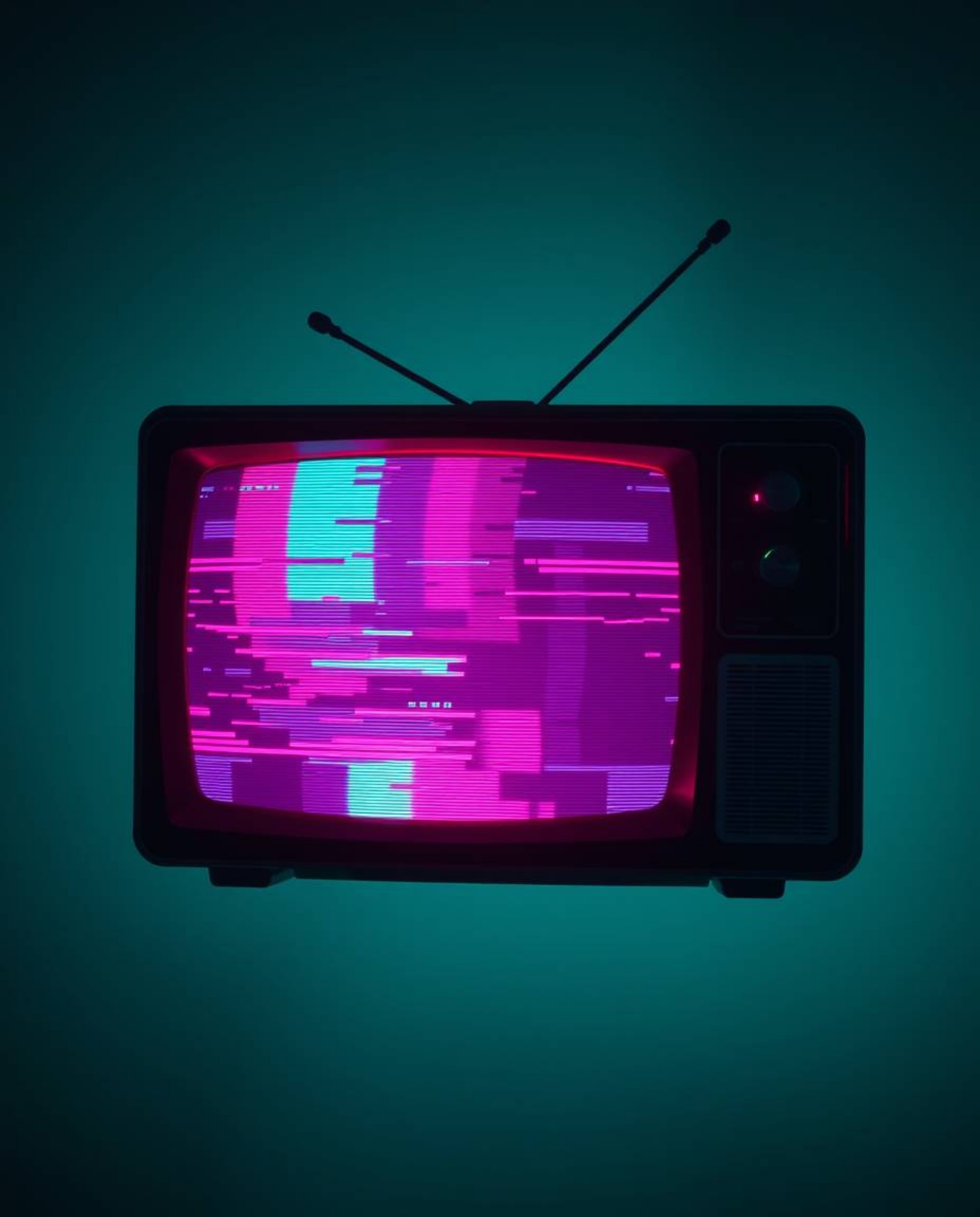 A captivating abstract art piece showcases a retro-style TV screen glitch in rich, deep teal.  The artwork features RGB separ