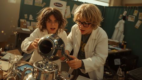 In a highly detailed, cinematic photograph evoking Pixar-inspired wonder and chaos, two excited and disheveled teenage scienc