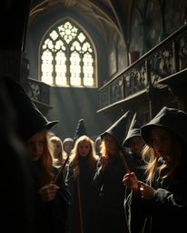 Experience the magic in this tight close-up shot of a school brimming with young wizards. The strong, hard light creates hars