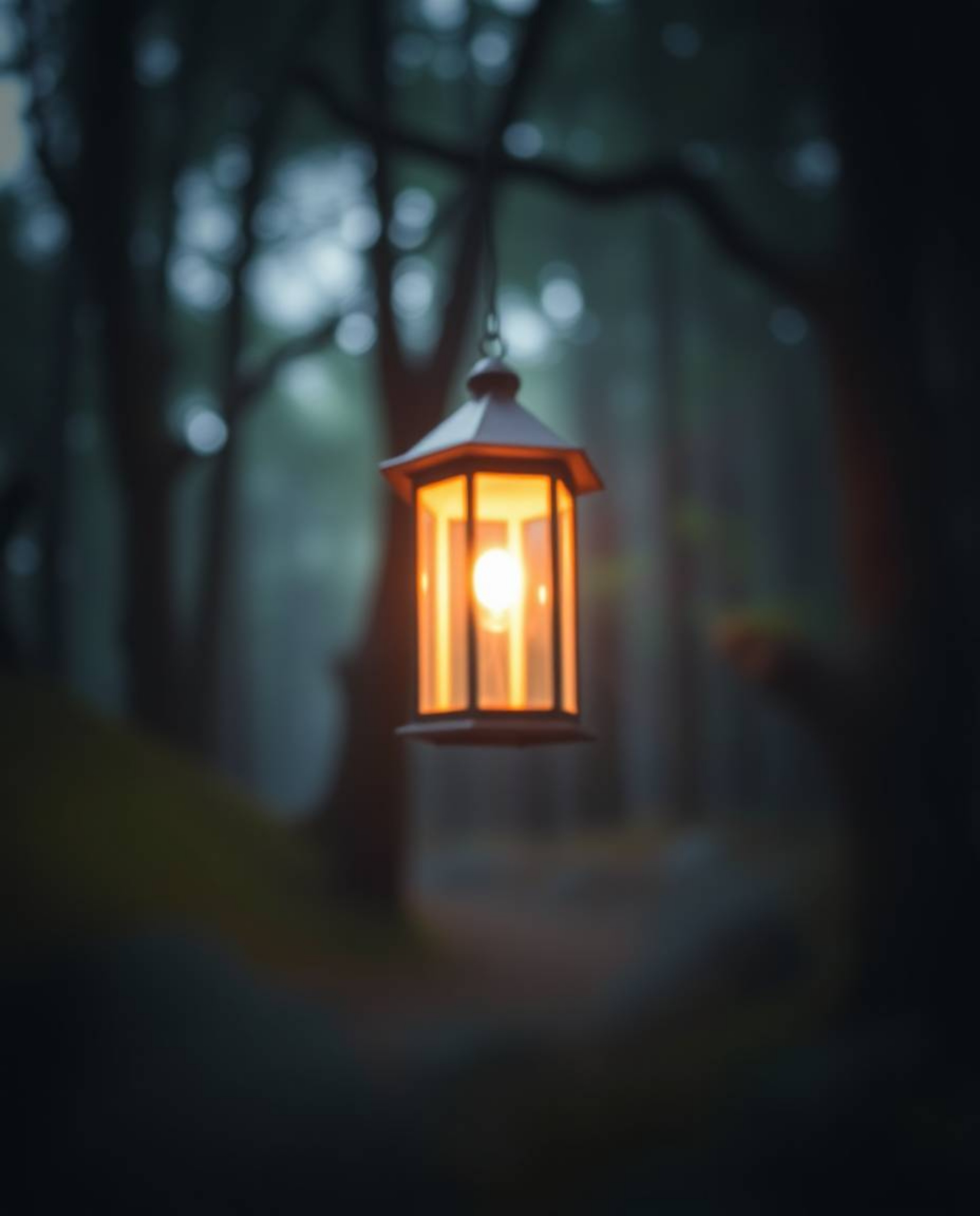 Capture the enchanting beauty of a dark forest illuminated by a glowing lantern, featuring a blurred bokeh effect that create
