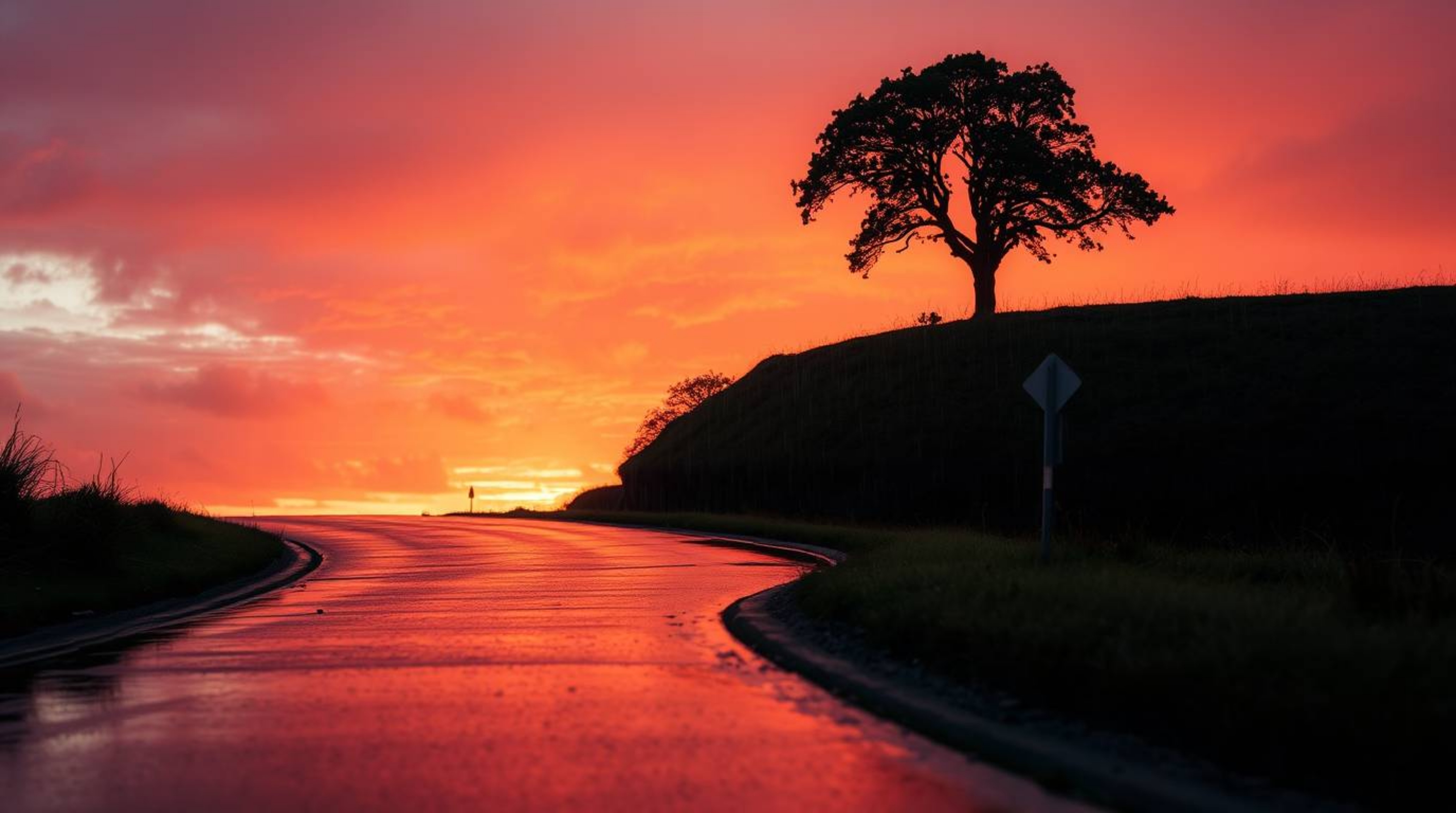 A captivating image of a lone tree silhouetted against a vibrant fiery sunset during a drizzling rain.  The reflective surfac