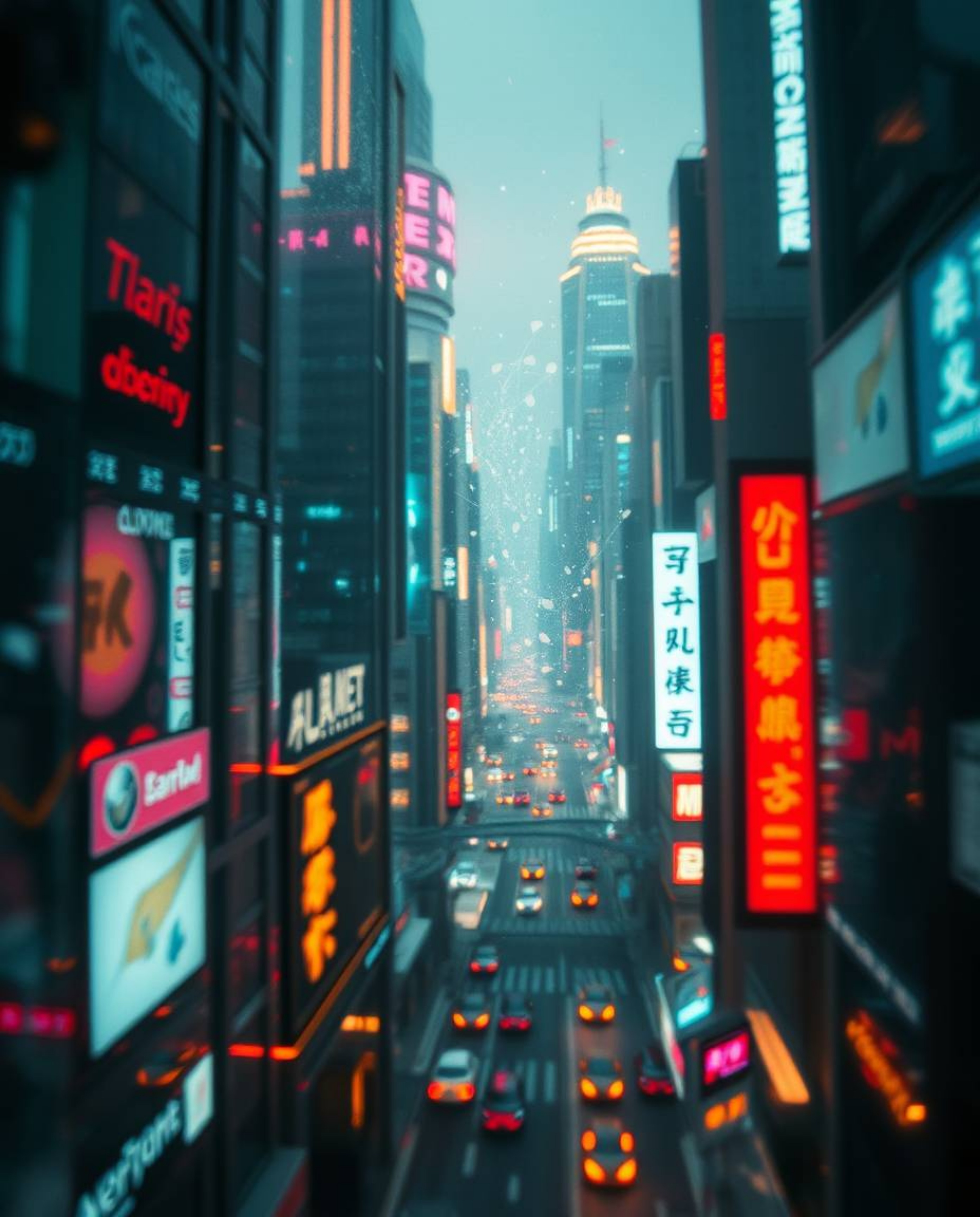 Dive into an extreme macro close-up of a futuristic city experiencing a digital meltdown. Witness flickering lights, shattere