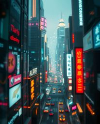 Dive into an extreme macro close-up of a futuristic city experiencing a digital meltdown. Witness flickering lights, shattere
