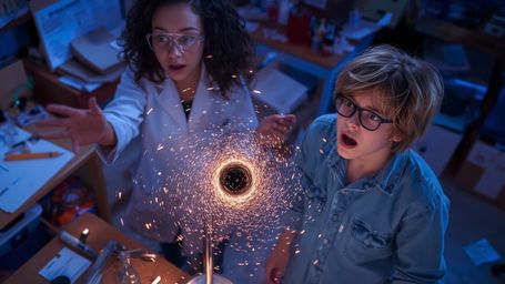 In a vibrant, high-contrast photograph with a Pixar-like aesthetic, a diverse teenage science duo, a young woman and a young 