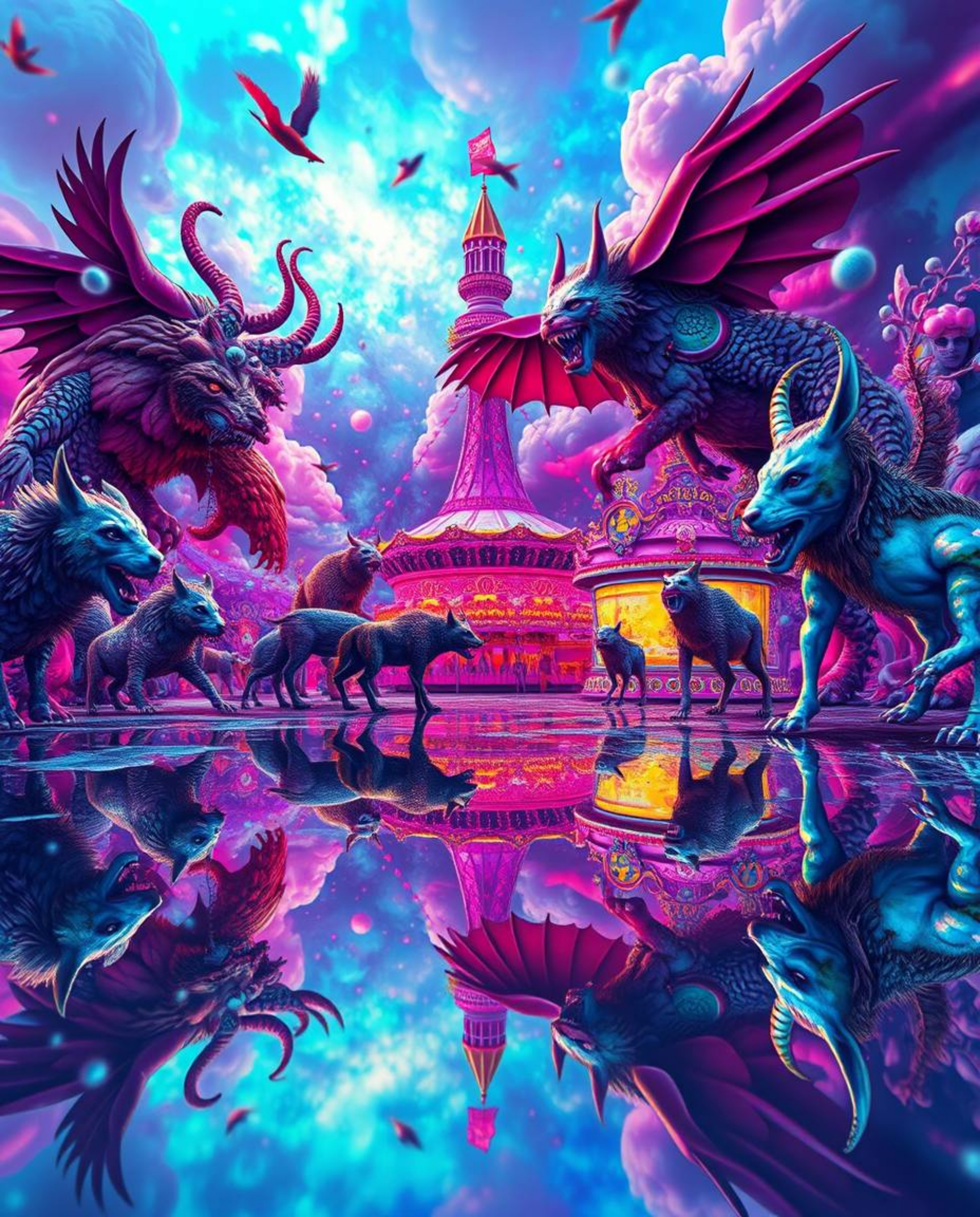 Explore a dreamlike carnival overrun by fantastical wild animals, captured with iridescent colors and bizarre, surreal imager