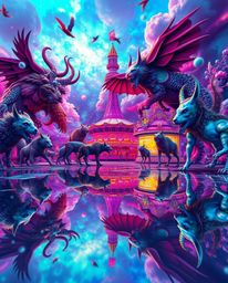 Explore a dreamlike carnival overrun by fantastical wild animals, captured with iridescent colors and bizarre, surreal imager