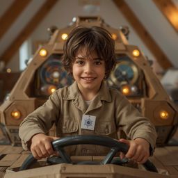 Exquisite high-fashion photography captures a young boy, brimming with joy, in a makeshift captain's uniform. He proudly pose
