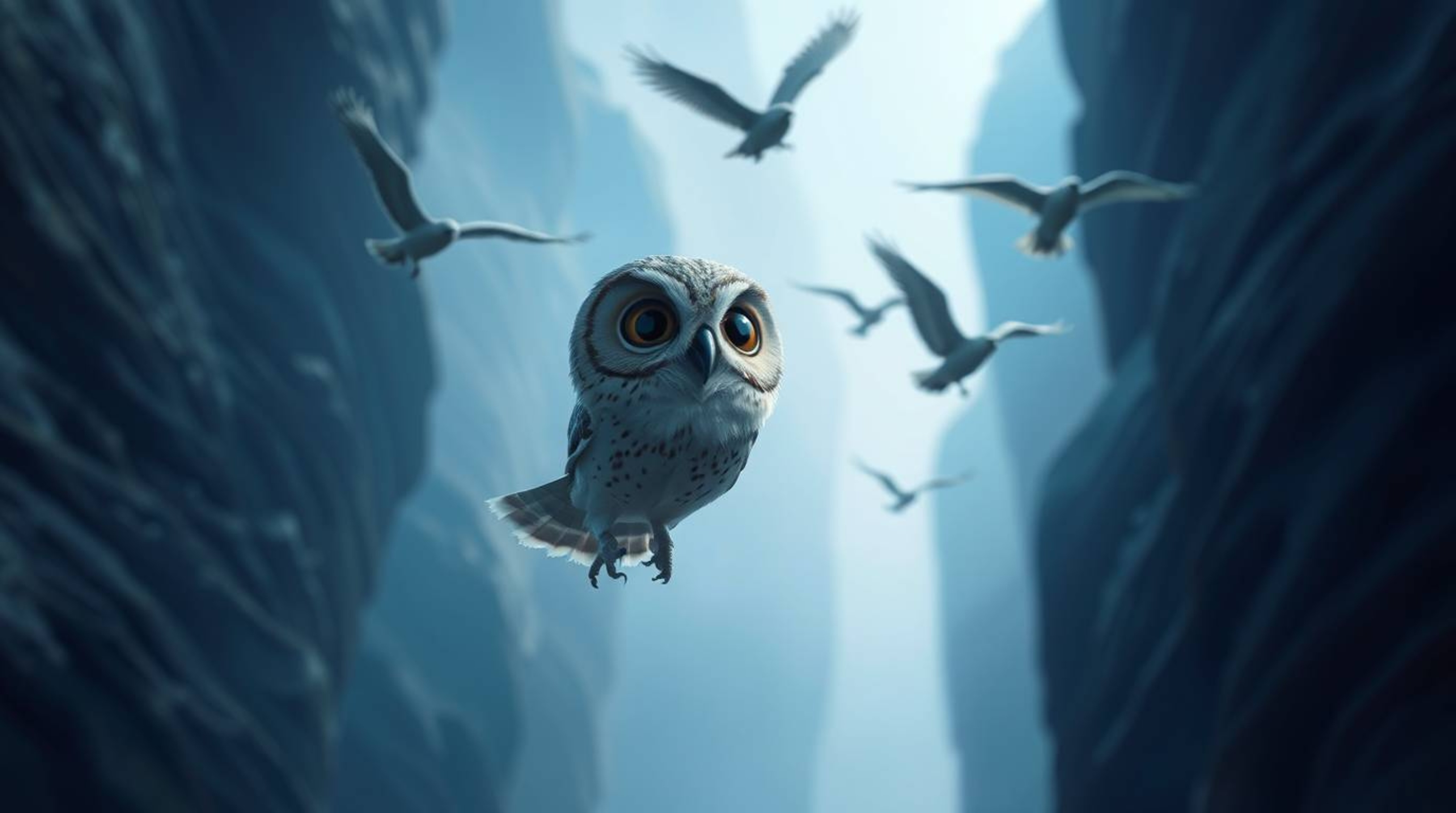 This long exposure photo, created in a charming Pixar style, features a blind owl with soft, expressive features guiding bird