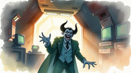 A whimsical watercolor painting depicts a villain experiencing a hilariously relatable breakdown within their futuristic lair