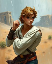 This artwork portrays a brave and elegant Disney-style hero embarking on a desert adventure. The scene is uniquely set with a