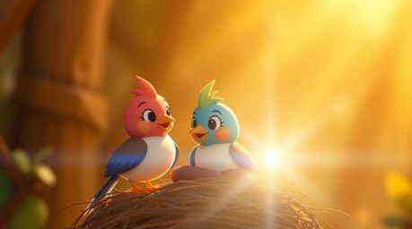 Experience the charm of classic animation with two cartoon birds diligently building a nest, bathed in a warm golden glow and