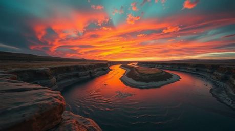 A captivating close-up showcases a winding river illuminated by a vibrant orange-pink sunset.  The image employs a striking c