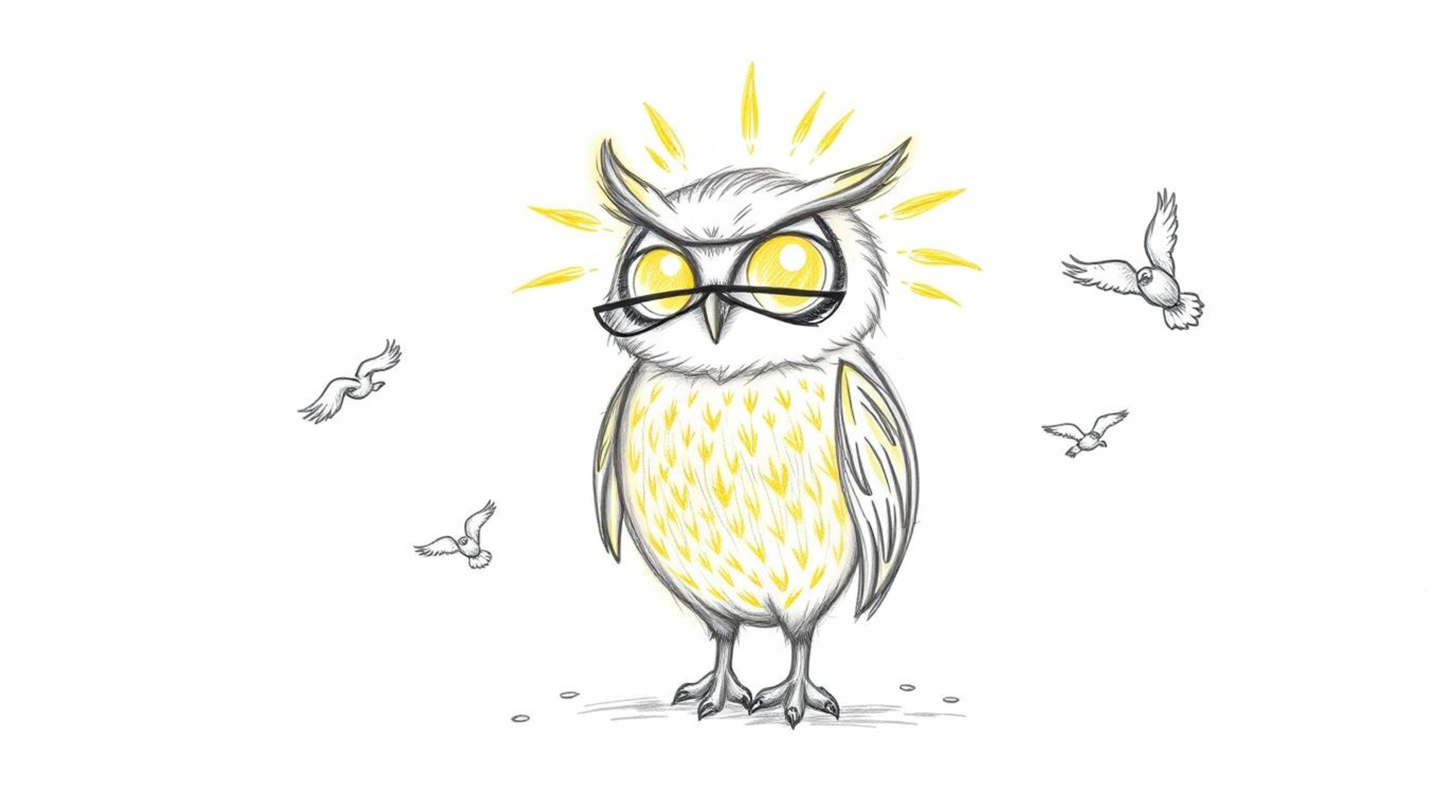 A heartwarming, hand-drawn sketch in the style of Pixar portrays a blind owl with sunlit, glowing feathers lovingly teaching