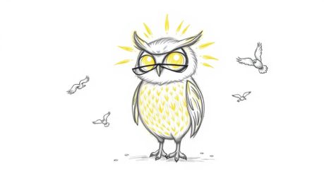 A heartwarming, hand-drawn sketch in the style of Pixar portrays a blind owl with sunlit, glowing feathers lovingly teaching 