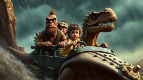 Witness a prehistoric family's thrilling escape in their dinosaur car during a fierce storm. Rendered in natural earth tones 