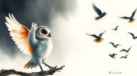 A delicate watercolor painting in Pixar style featuring a blind owl with translucent washes and fluid brushstrokes. The scene