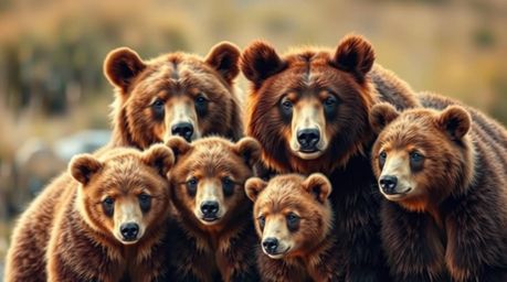 A captivating photo series showcasing a bear family's unexpected urban adventure. Shot in a professional photojournalistic s