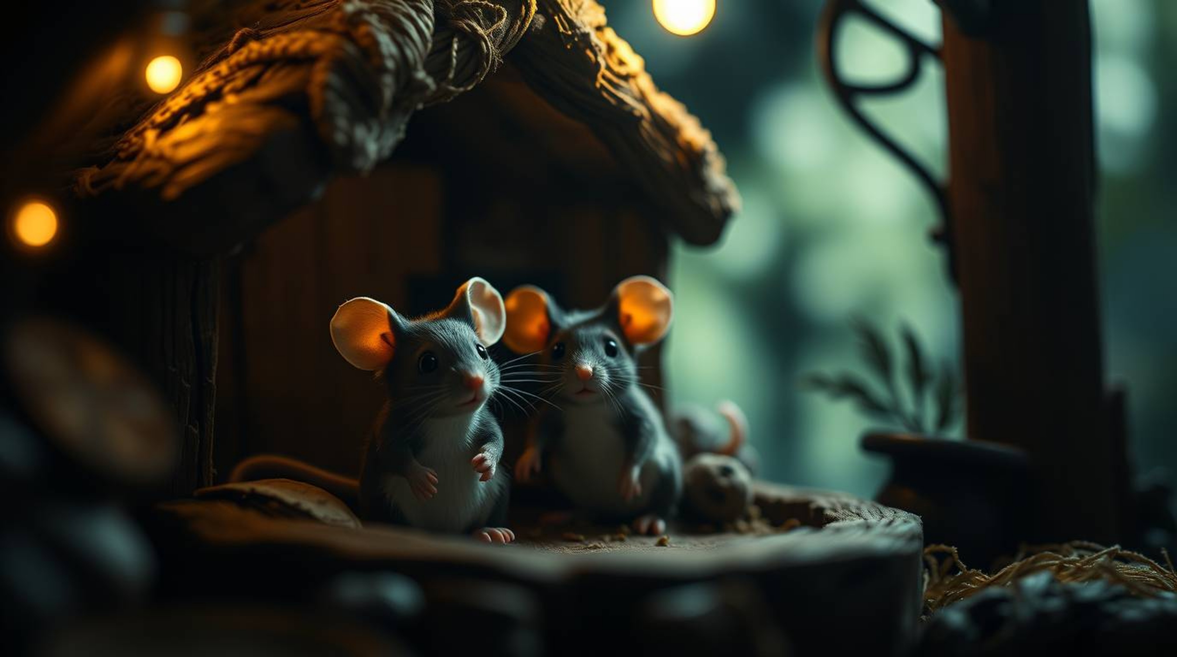 A captivating high-resolution stock photo showcases anthropomorphic mice enjoying tea in a cozy cottage.  The image features 