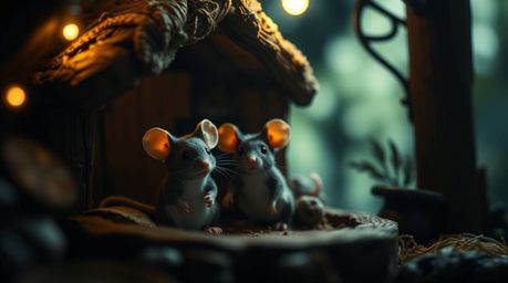 A captivating high-resolution stock photo showcases anthropomorphic mice enjoying tea in a cozy cottage. The image features