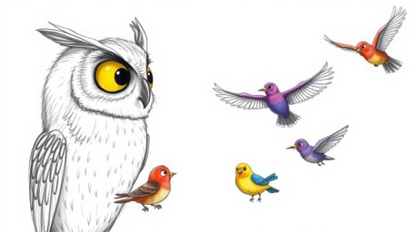 A captivating image depicting a blind owl, rendered in textured pencil strokes in the style of Pixar, patiently teaching a gr