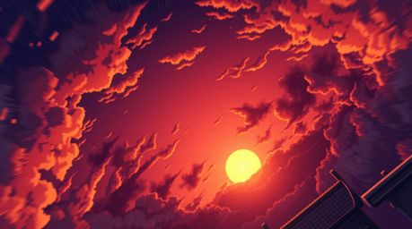 Experience a breathtaking isekai anime scene with a high-angle perspective, showcasing a stunning sunset gradient texture. Lo