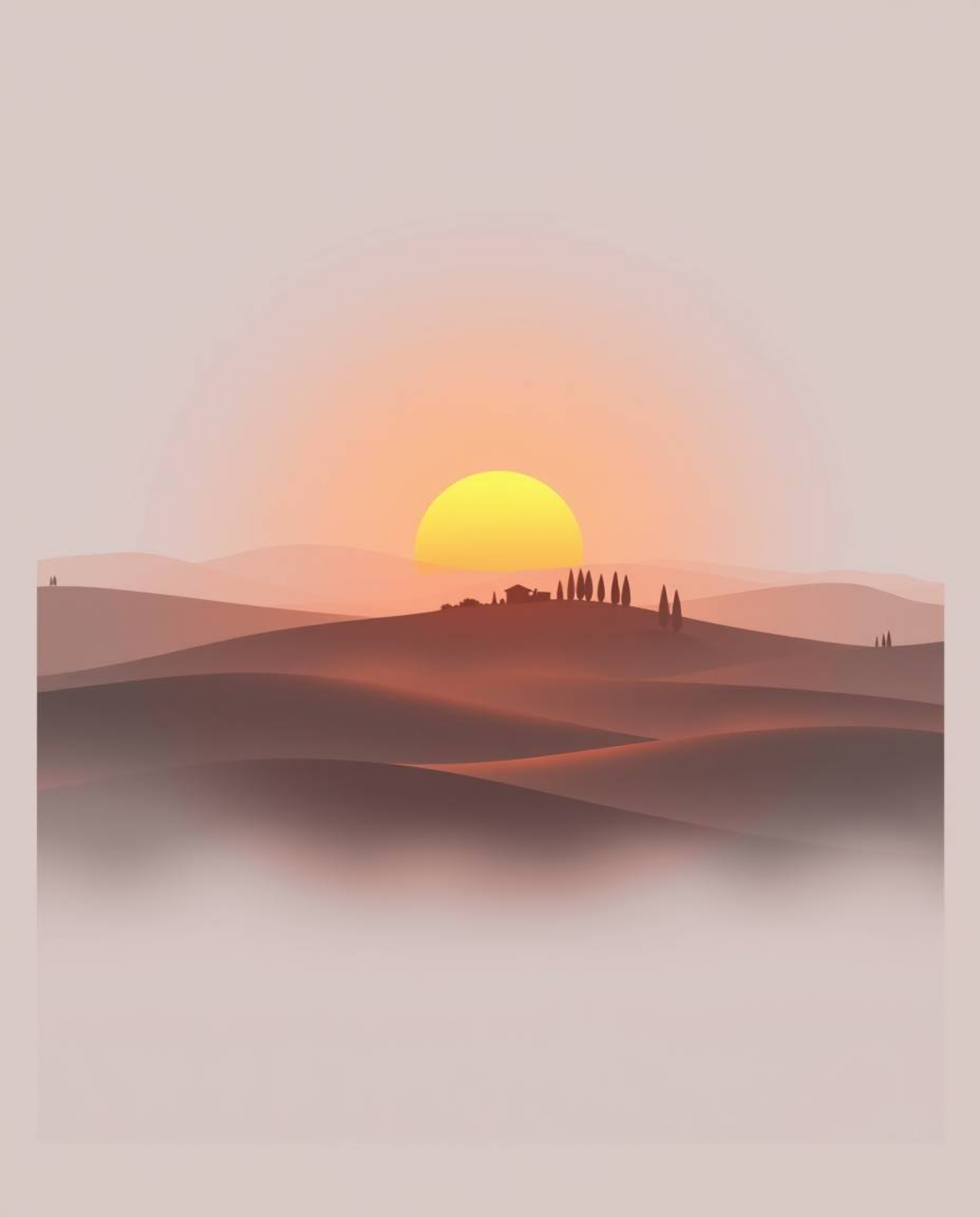 This is a modern flat design illustration of a sunset over the misty, rolling hills of Tuscany. The artwork features simple t