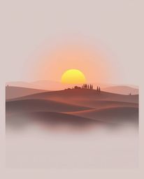 This is a modern flat design illustration of a sunset over the misty, rolling hills of Tuscany. The artwork features simple t