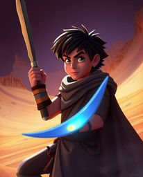 Embark on a captivating desert adventure with a brave, Disney-style hero brought to life in stunning iridescent colors. Exper