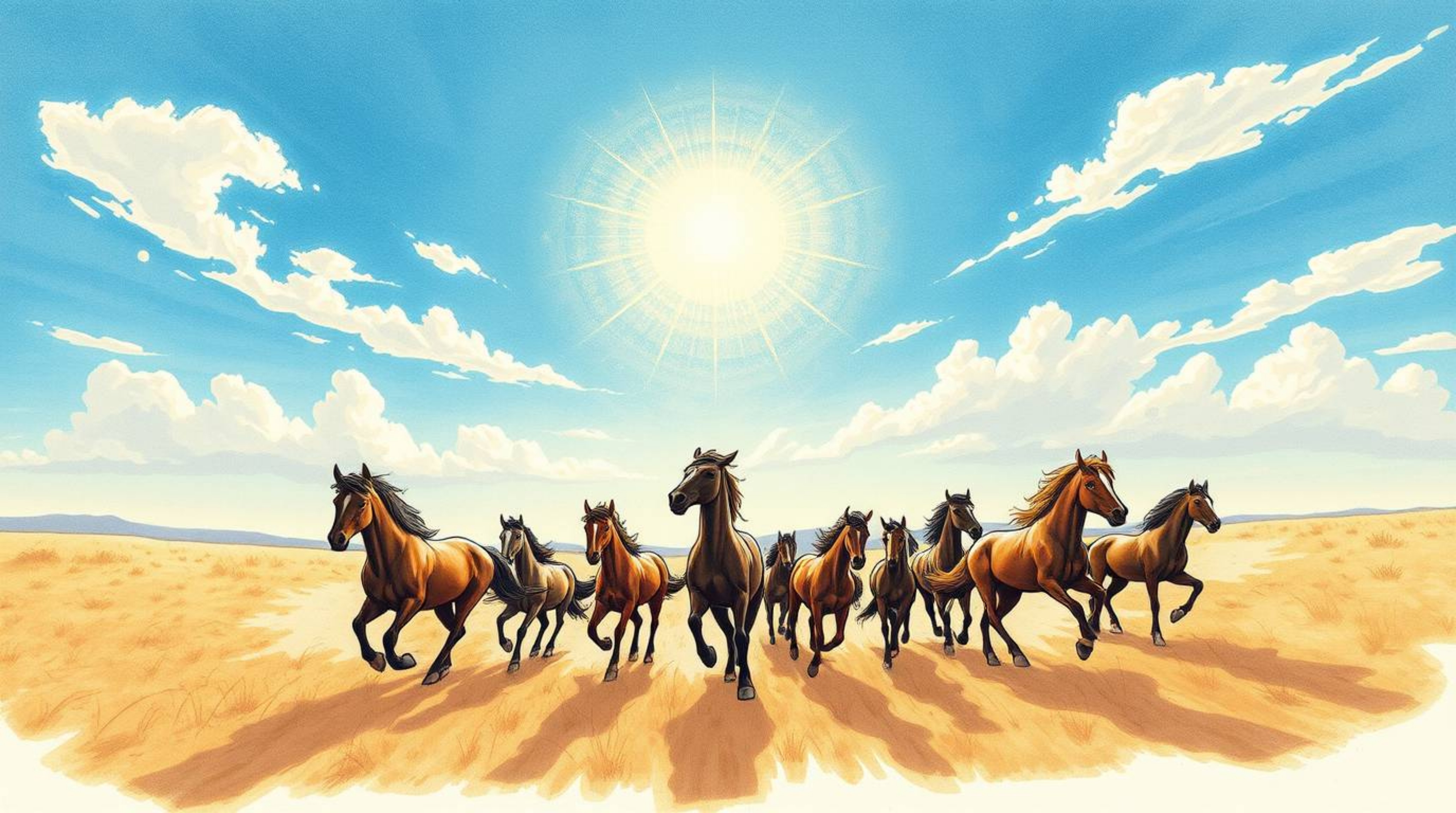 This captivating artwork features a hand-drawn color sketchnote depicting a herd of wild horses galloping beneath a radiant, 