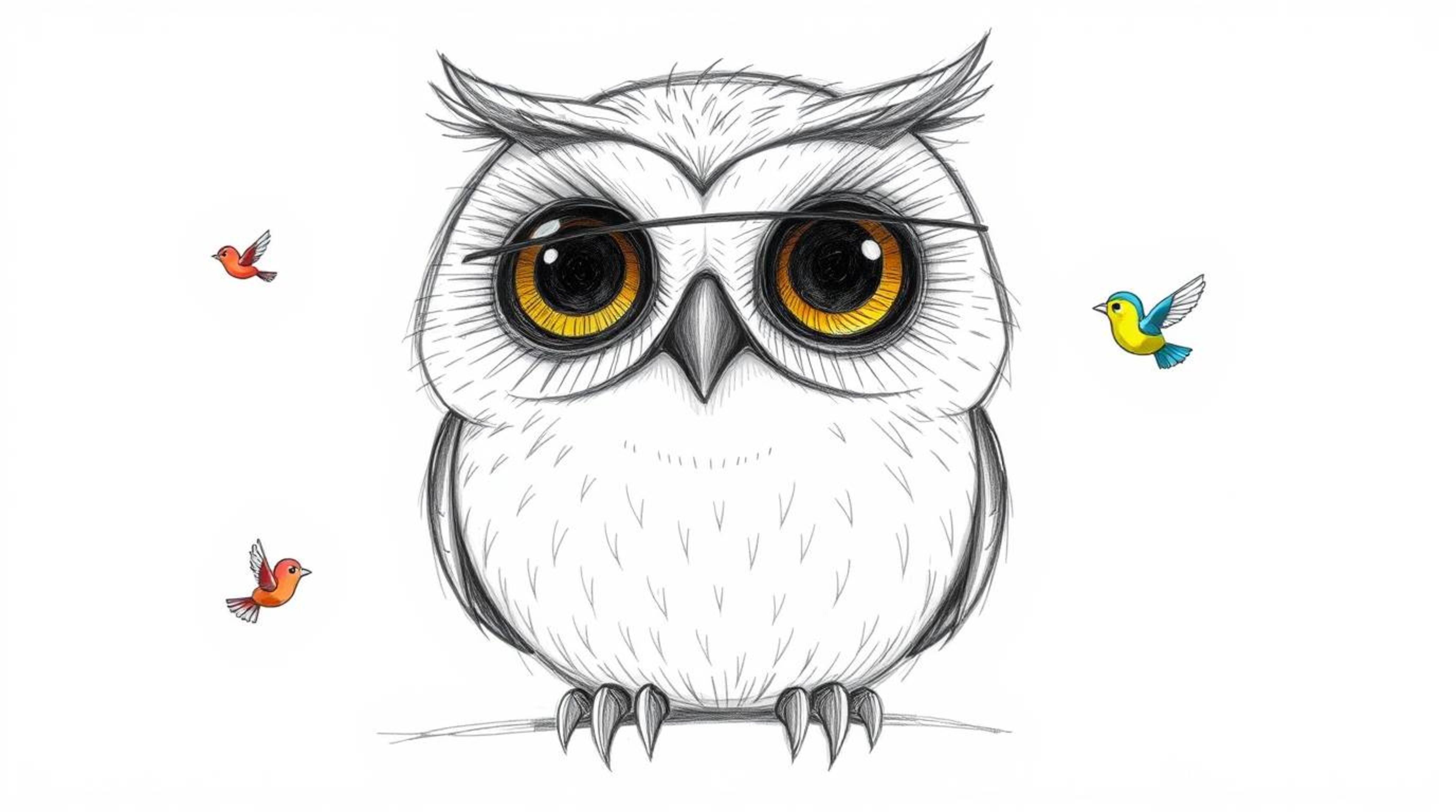 This artwork features a Pixar-inspired, hand-drawn sketch of a blind owl with soft, round features and a gentle expression. S