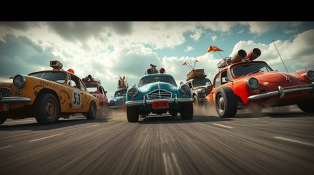 Experience the thrill of a chaotic and vibrant race in this low-angle perspective shot. Outlandish cars compete in a randomiz
