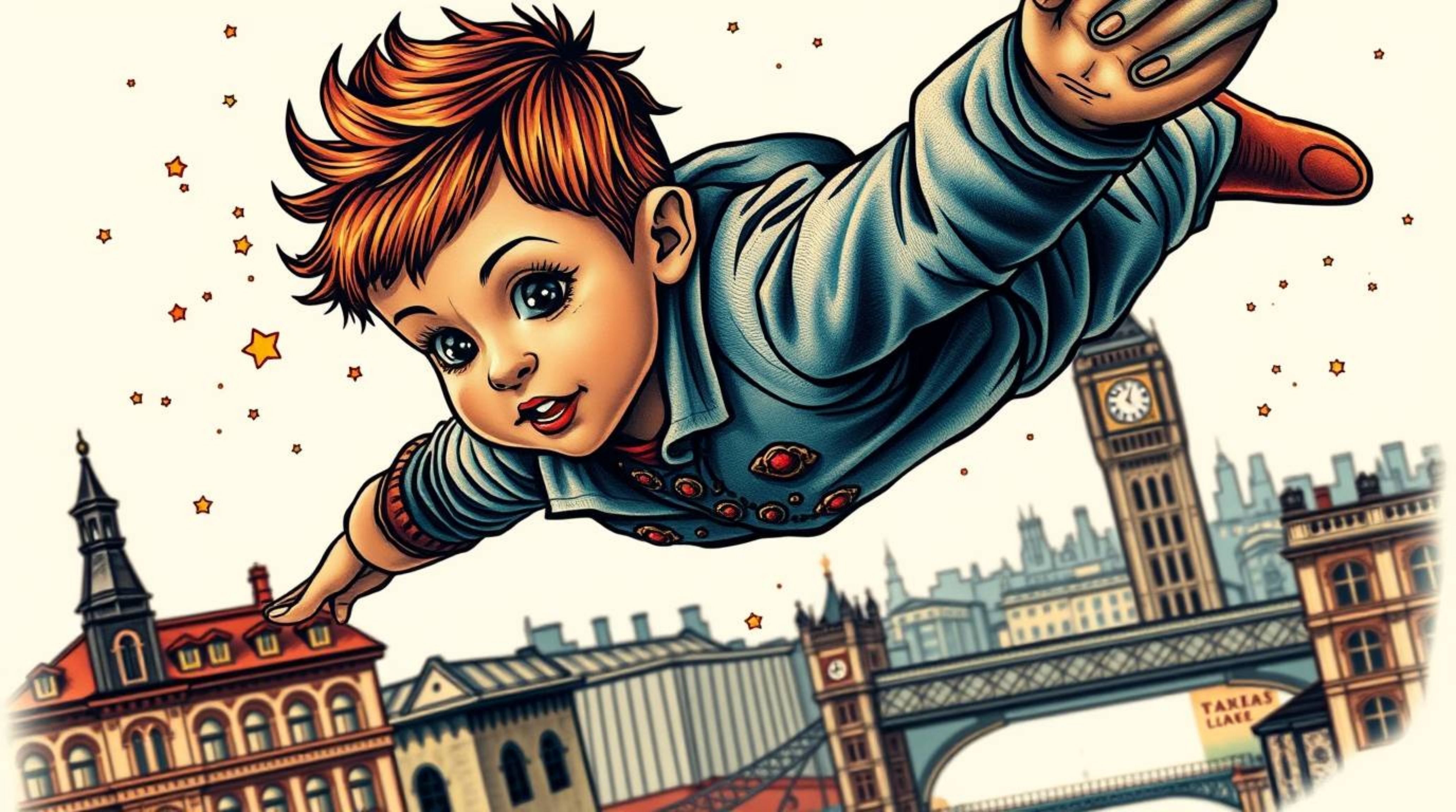 This traditional tattoo art print captures a young boy with tan skin soaring above London, powered by magical pixie dust. Ren