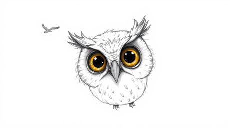A captivating hand-drawn sketch in the style of Pixar animation depicts a large, expressive-eyed blind owl teaching birds to 