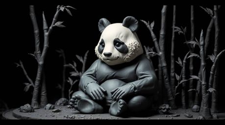 Discover a stunning sculptural clay art piece depicting a martial artist panda in deep meditation within a serene bamboo fore