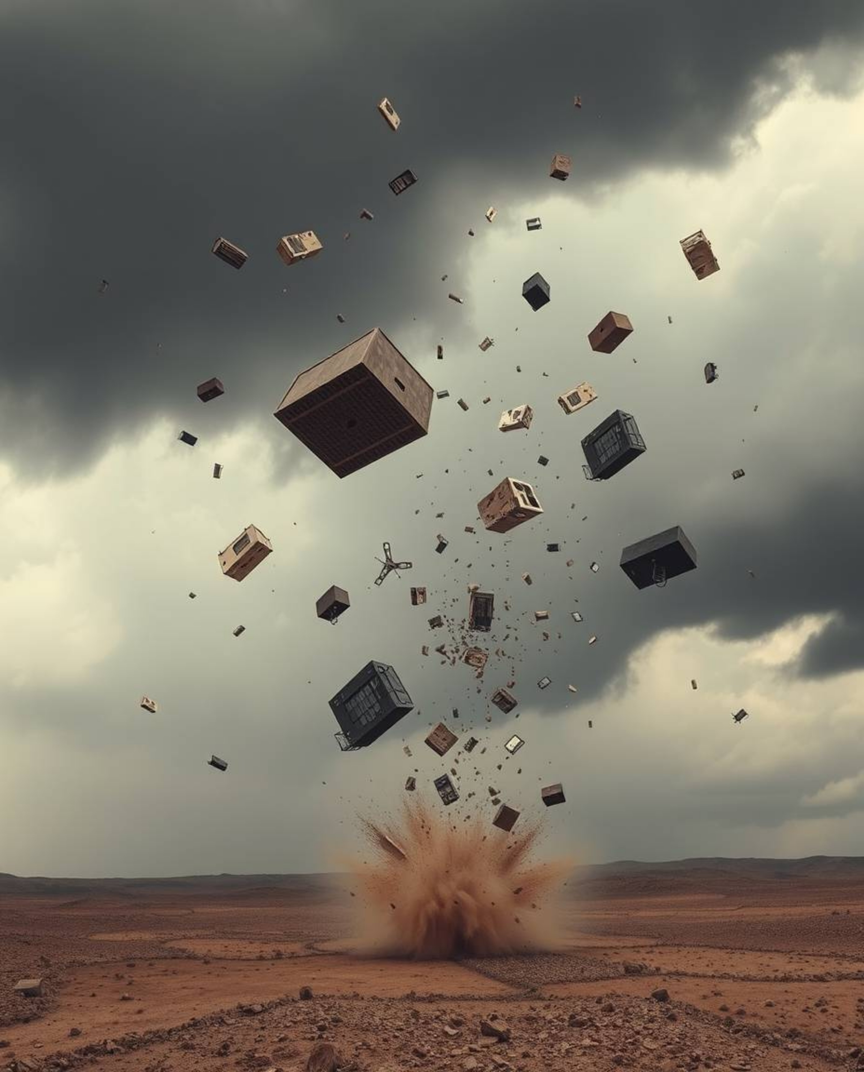 This fine art photograph captures a surreal storm with flying objects and broken gravity, rendered in natural earth tones wit