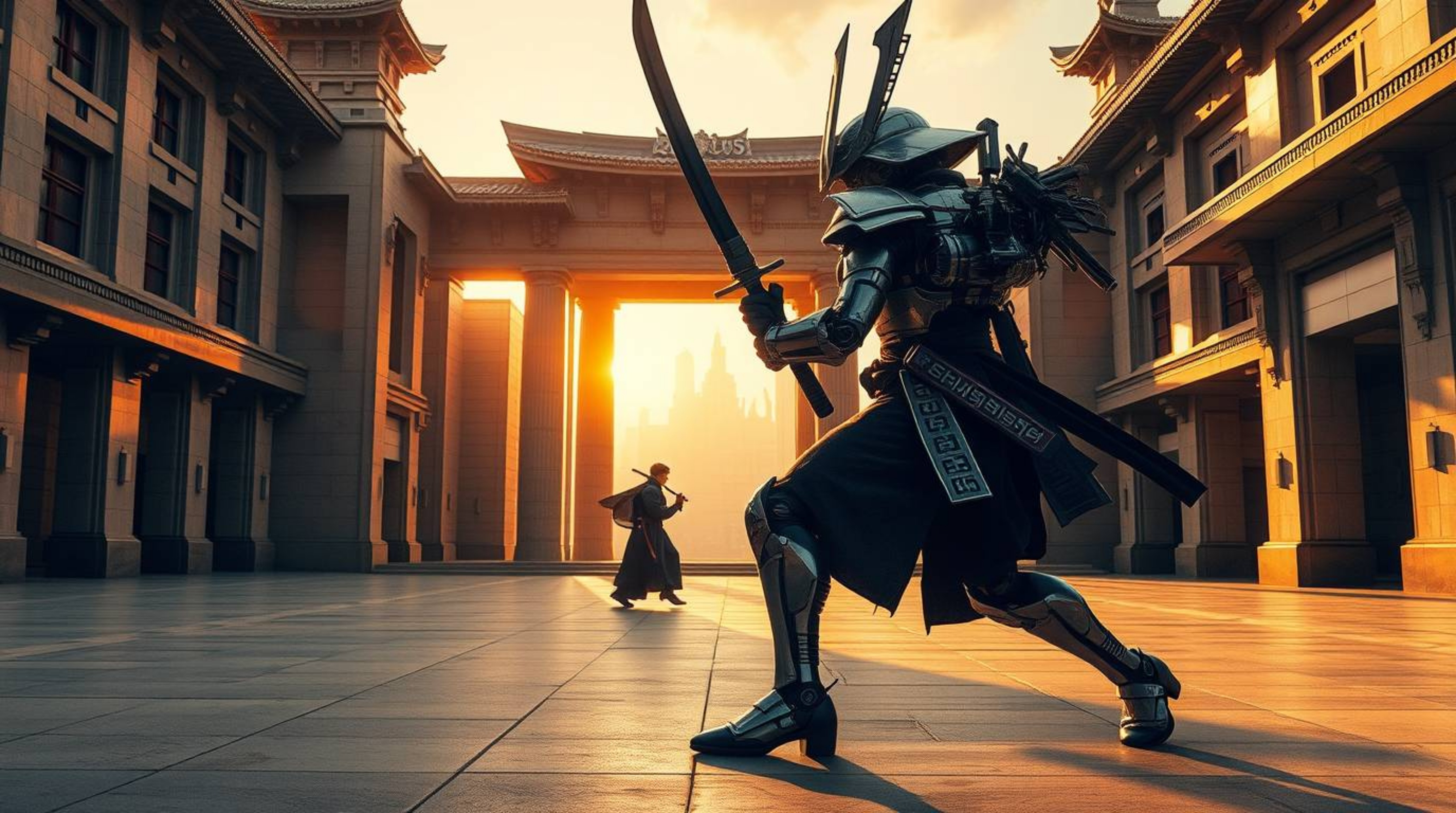 A stunning architectural photograph depicts a fierce battle between a samurai and a robot within a gritty, dystopian landscap