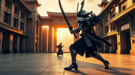 A stunning architectural photograph depicts a fierce battle between a samurai and a robot within a gritty, dystopian landscap