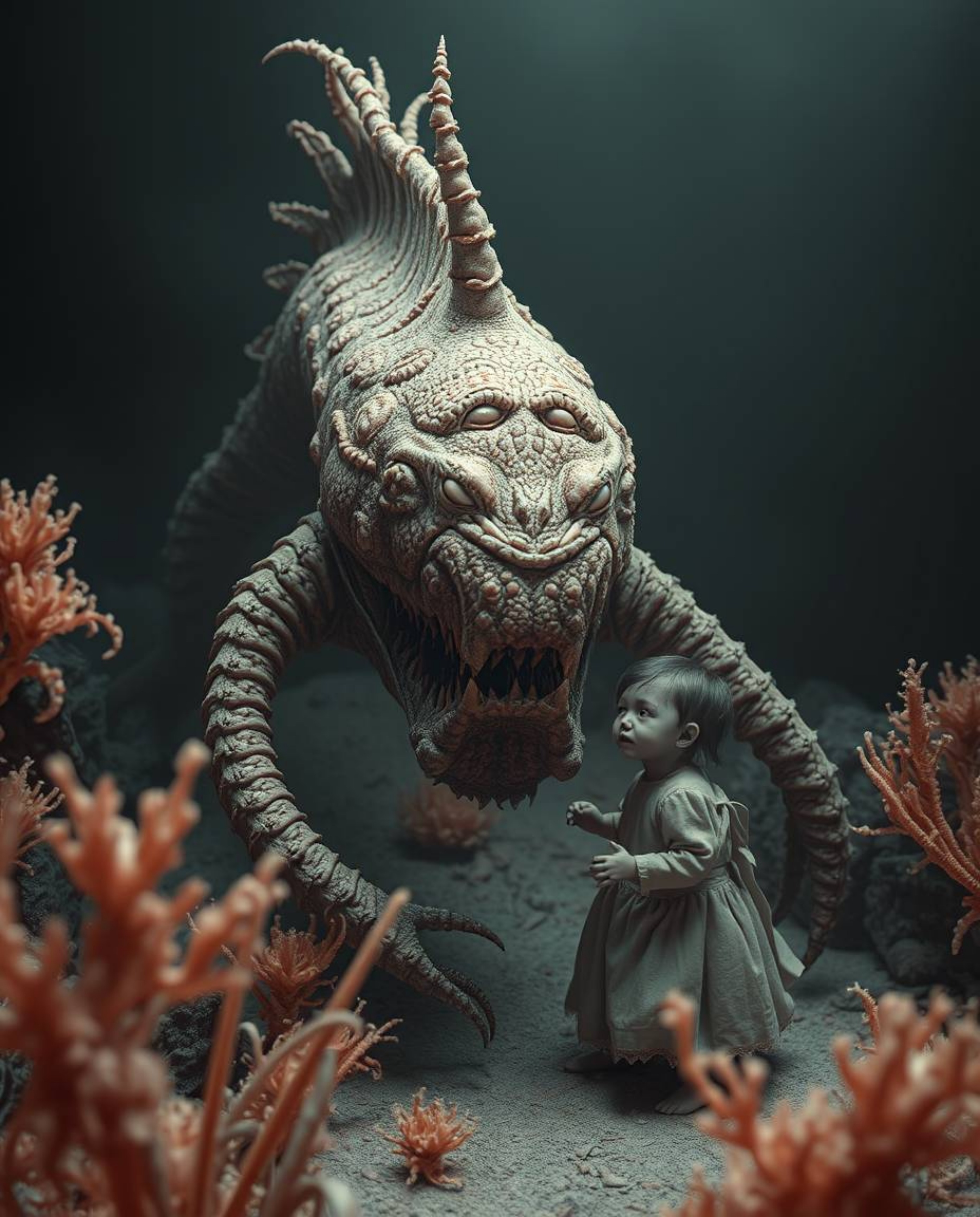 A captivating surreal infrared image depicts a sea creature and a child in a dark, unsettling scene.  Rendered with strong ha