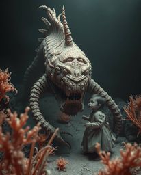 A captivating surreal infrared image depicts a sea creature and a child in a dark, unsettling scene. Rendered with strong ha