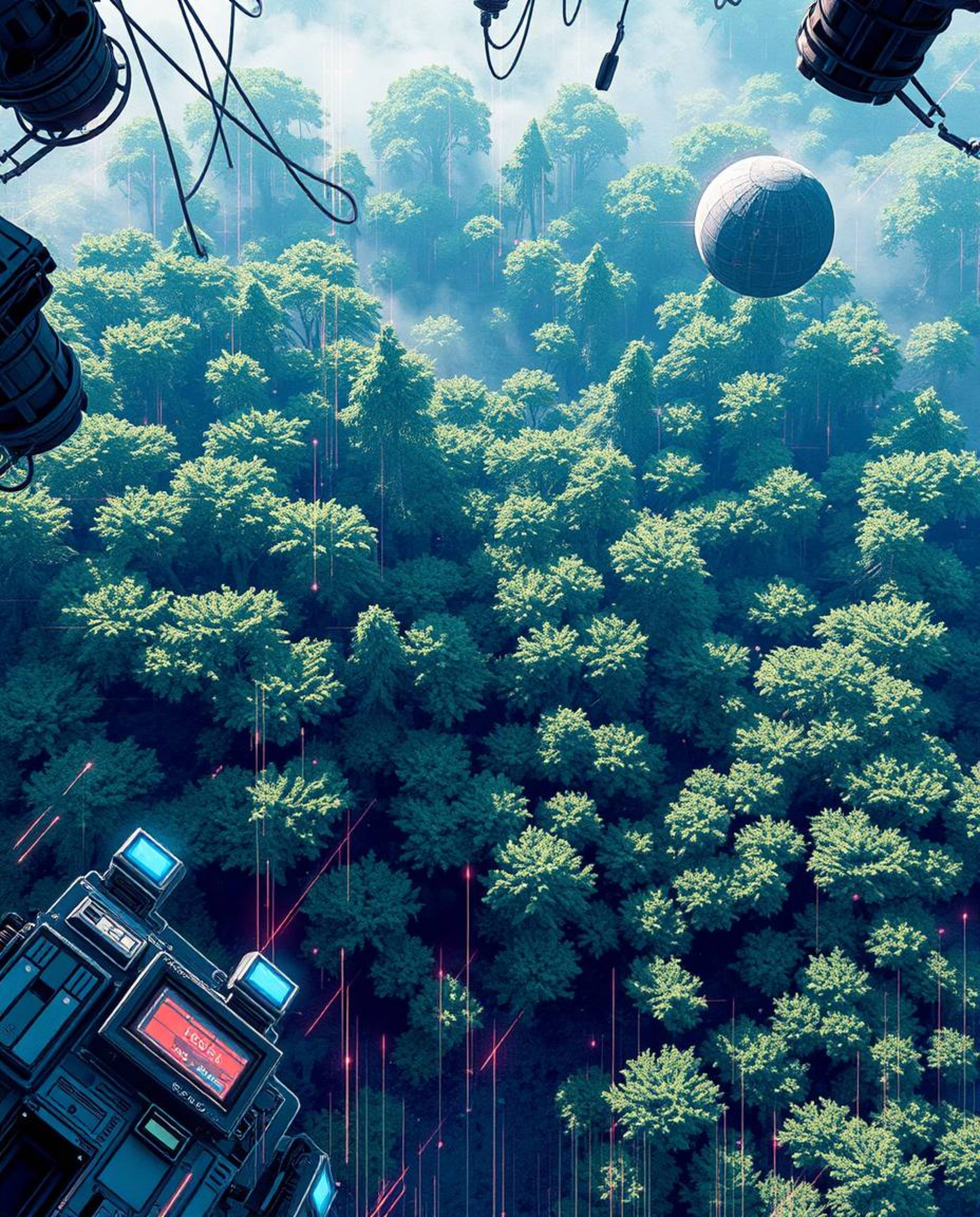 A captivating futuristic sci-fi illustration presents a bird's-eye view of a natural forest scene disrupted by a vibrant digi