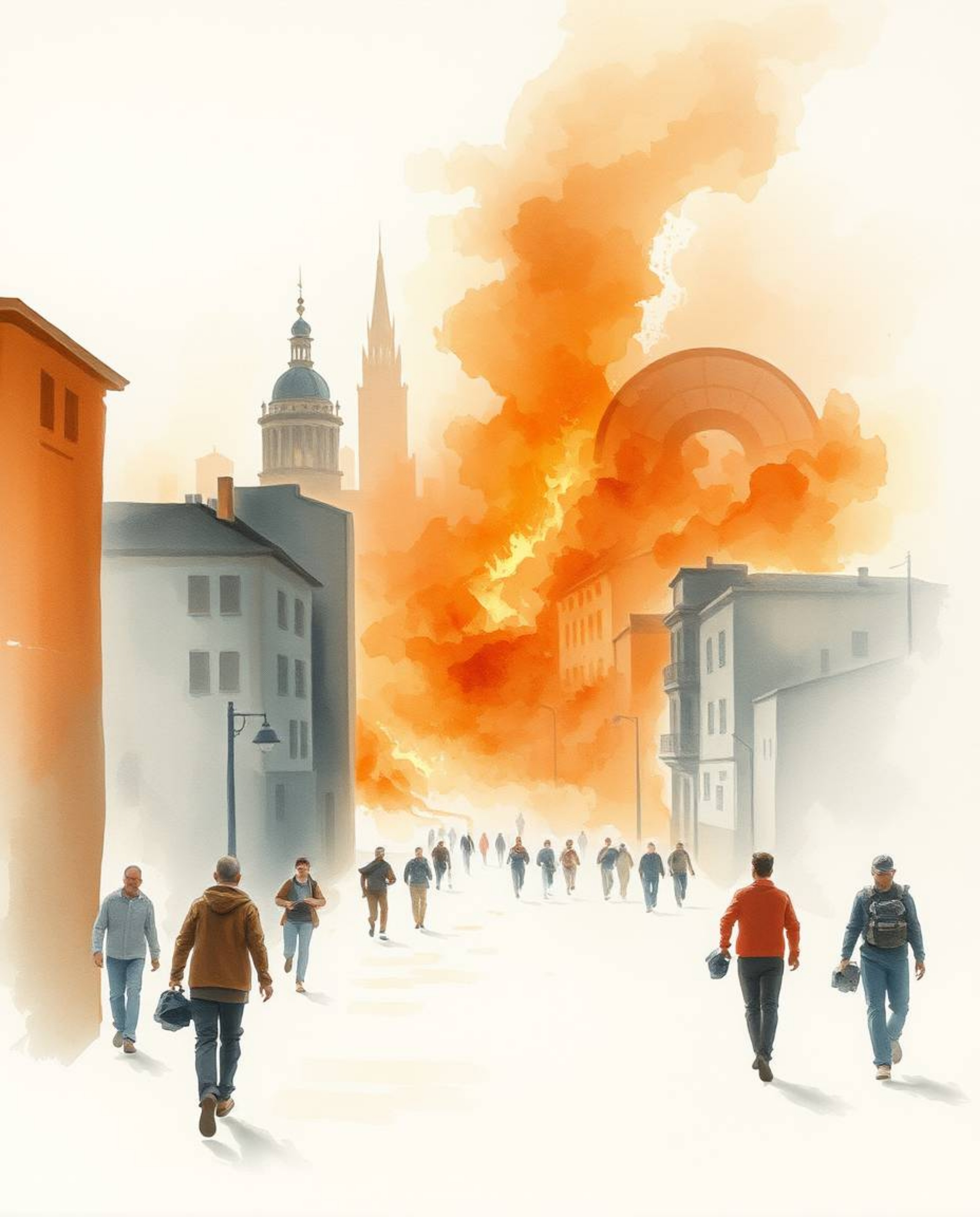 A delicate watercolor painting captures the chaotic scene of a city consumed by flames, with people running in all directions