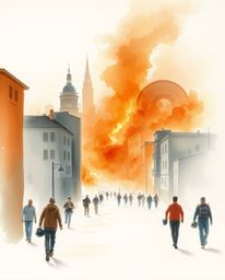 A delicate watercolor painting captures the chaotic scene of a city consumed by flames, with people running in all directions
