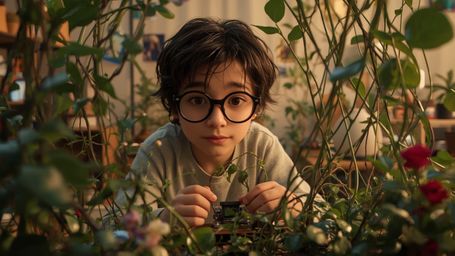 A high-resolution stock photo captures a bright-eyed, bespectacled homeschooled genius with a gentle smile, designed in a Pix