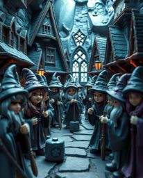 Explore a whimsical magical school brimming with young wizards, depicted in a unique sculptural clay art style. The scene is 