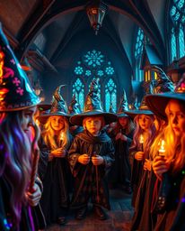 Immerse yourself in a magical school brimming with young wizards, captured in a tight close-up that highlights iridescent col