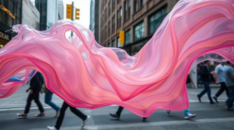 This captivating series of candid street photographs showcases a vibrant, energetic, fluid abstract wave with a pastel gradie