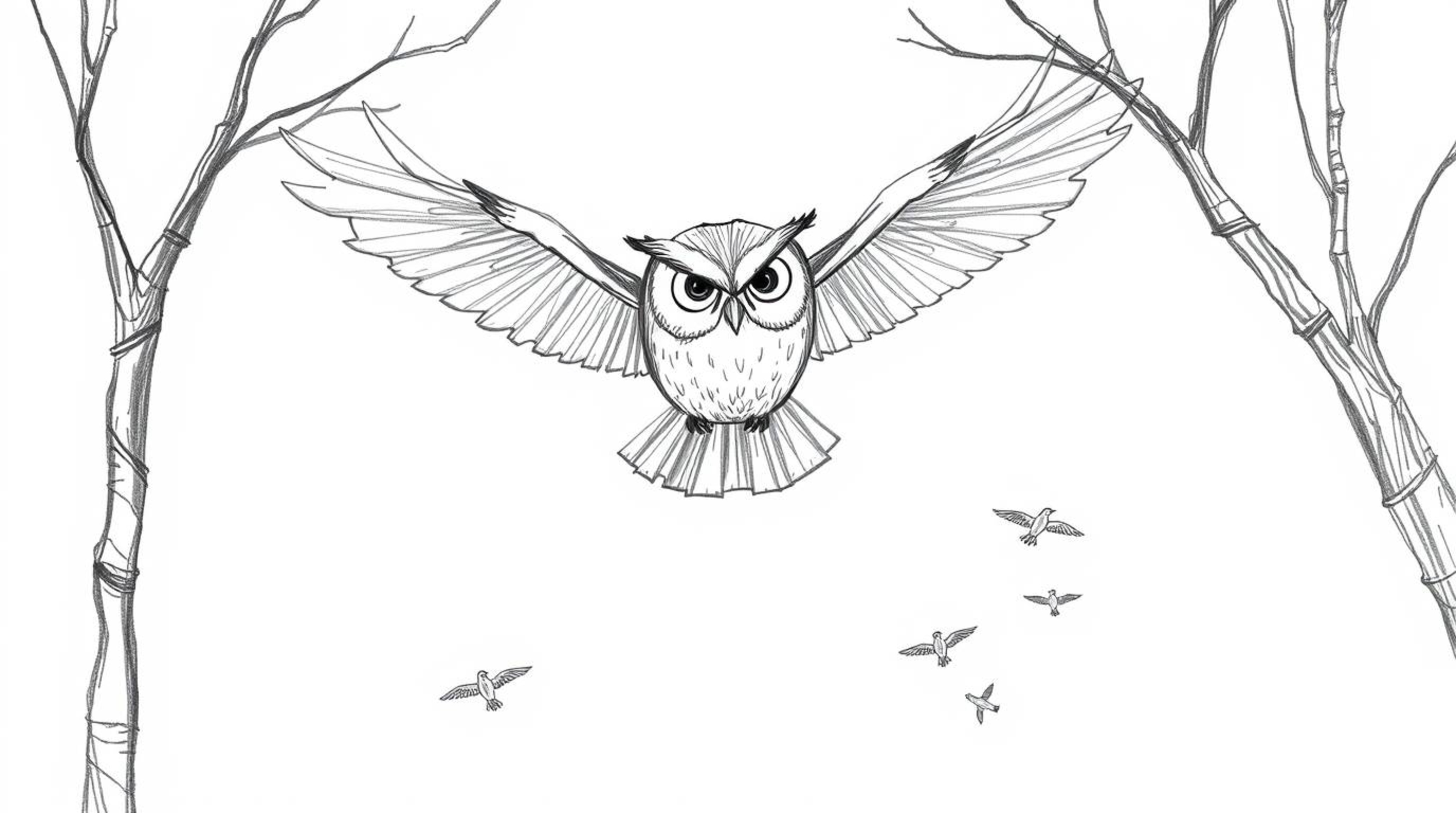A charming hand-drawn sketch in the style of Pixar depicts a blind owl gracefully gliding between trees, guiding a flock of s