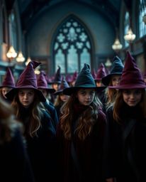 Discover a captivating image of a magical school brimming with young wizards.  The scene is rich with burgundy and deep blue 
