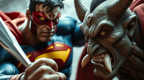 An intense close-up shot captures a superhero locked in a silly combat with a comical villain.  The image highlights detailed