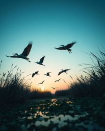 A low-angle perspective of herons flying during the Golden hour in the wetlands, emphasizing a dramatic view from below. This